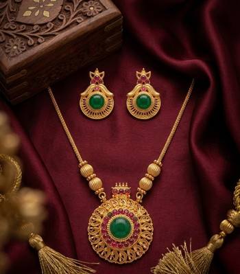 Handcrafted ethnic gold-plated necklace set with green emerald-style stones & ruby accents - traditional bridal jewelry 2