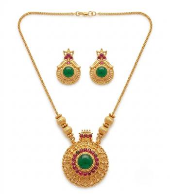 Handcrafted ethnic gold-plated necklace set with green emerald-style stones & ruby accents - traditional bridal jewelry 3
