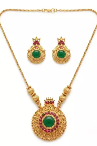 Handcrafted ethnic gold-plated necklace set with green emerald-style stones & ruby accents - traditional bridal jewelry