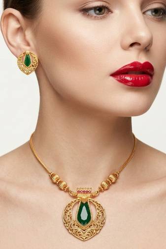 Traditional gold-plated emerald green pendant necklace set - handcrafted ethnic jewelry for women