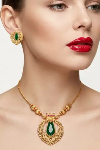 Traditional gold-plated emerald green pendant necklace set - handcrafted ethnic jewelry for women