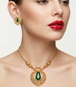 Traditional gold-plated emerald green pendant Necklace :: set - handcrafted ethnic jewelry for women