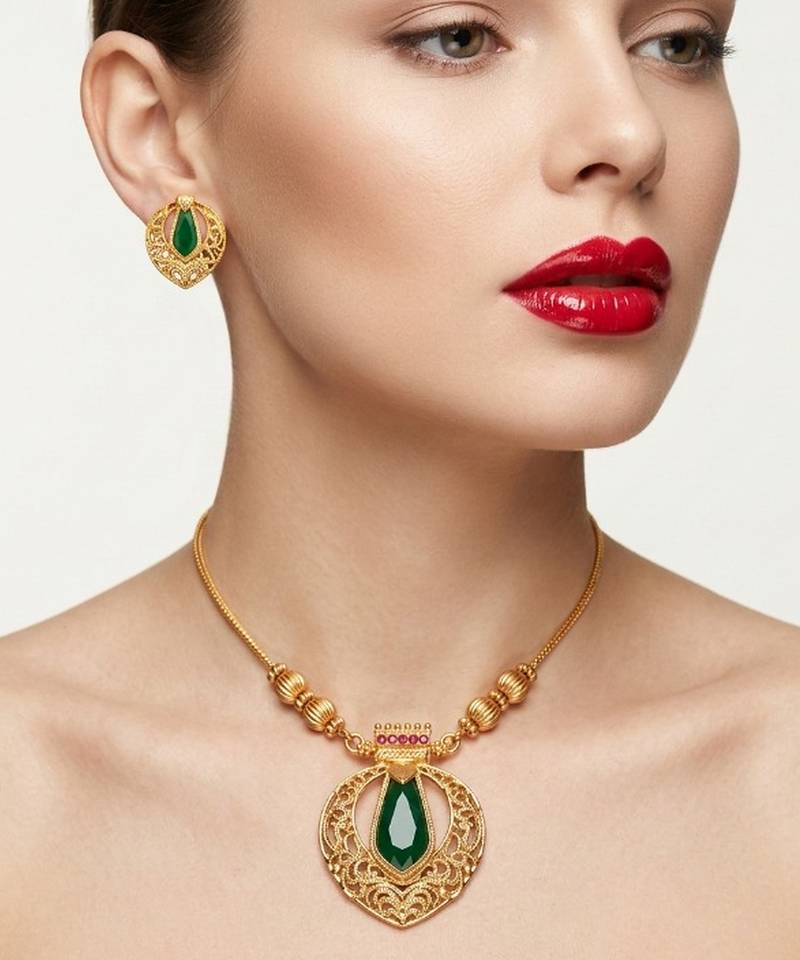 Traditional gold-plated emerald green pendant necklace set - handcrafted ethnic jewelry for women
