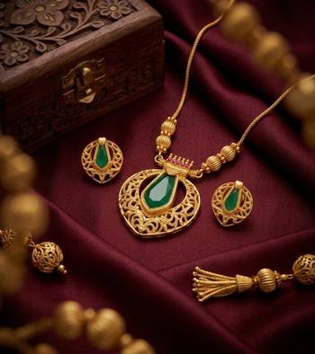 Traditional gold-plated emerald green pendant Necklace :: set - handcrafted ethnic jewelry for women 2