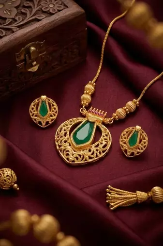 Traditional gold-plated emerald green pendant Necklace :: set - handcrafted ethnic jewelry for women