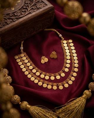 Exquisite gold-plated lakshmi coin temple jewelry set - traditional kaasu mala Necklace :: & earrings 1
