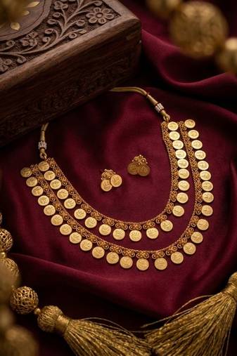 Exquisite gold-plated lakshmi coin temple jewelry set - traditional kaasu mala necklace & earrings