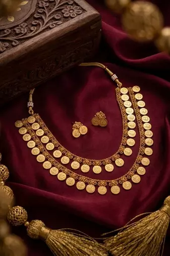 Exquisite gold-plated lakshmi coin temple jewelry set - traditional kaasu mala necklace & earrings