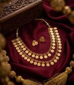 Exquisite gold-plated lakshmi coin temple jewelry set - traditional kaasu mala Necklace :: & earrings