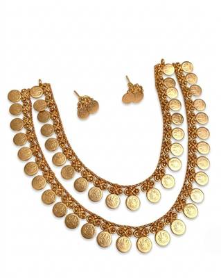 Exquisite gold-plated lakshmi coin temple jewelry set - traditional kaasu mala Necklace :: & earrings 3
