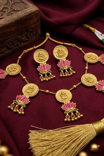 Exquisite gold-plated lakshmi coin & lotus necklace set - traditional handcrafted ethnic jewelry for women