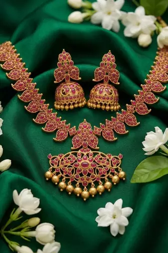 Elegant ruby-red matte gold-plated kemp mango haram necklace set with jhumkas