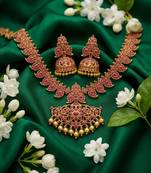 Elegant ruby-red matte gold-plated kemp mango haram necklace set with jhumkas