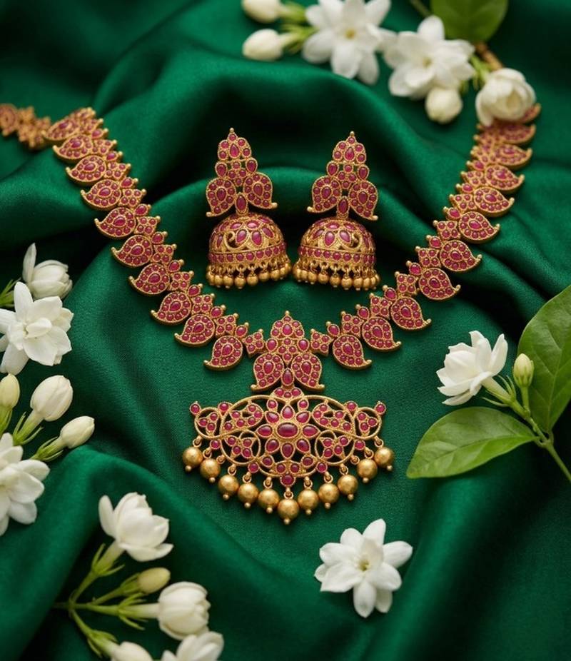 Elegant ruby-red matte gold-plated kemp mango haram necklace set with jhumkas