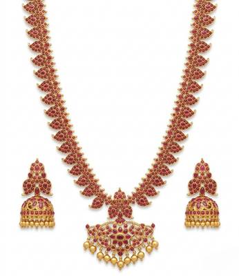 Elegant ruby-red matte gold-plated kemp mango haram Necklace :: set with jhumkas 2