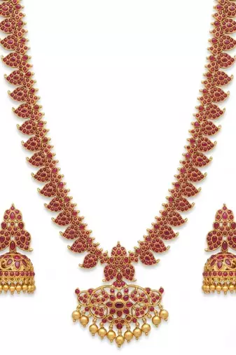 Elegant ruby-red matte gold-plated kemp mango haram Necklace :: set with jhumkas