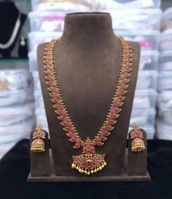 Elegant ruby-red matte gold-plated kemp mango haram Necklace :: set with jhumkas 3