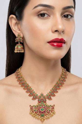 Elegant green-red matte gold-plated kemp mango haram necklace set with jhumkas