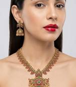 Elegant green-red matte gold-plated kemp mango haram necklace set with jhumkas