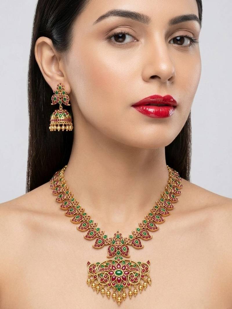 Elegant green-red matte gold-plated kemp mango haram necklace set with jhumkas