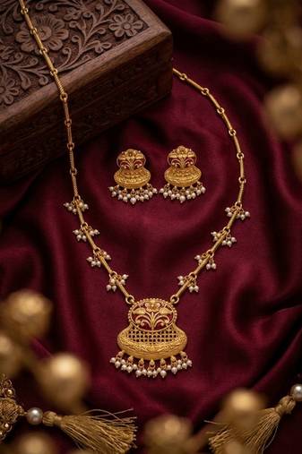 Exquisite gold-plated long necklace set with pearl drops | traditional ethnic indian bridal jewelry