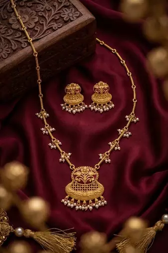 Exquisite gold-plated long necklace set with pearl drops | traditional ethnic indian bridal jewelry