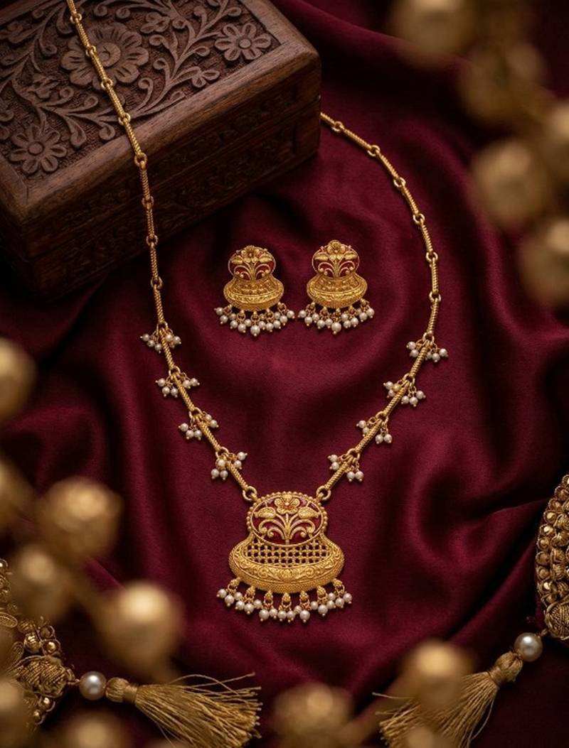 Exquisite gold-plated long necklace set with pearl drops | traditional ethnic indian bridal jewelry