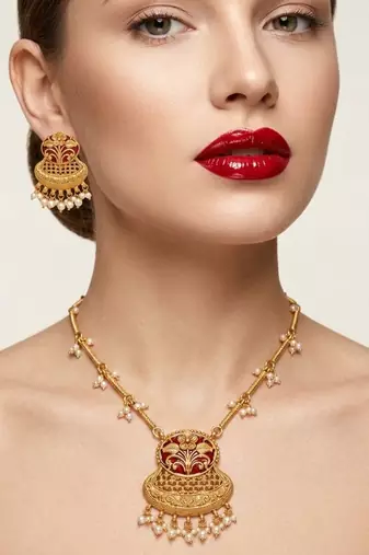 Exquisite gold-plated long Necklace :: set with pearl drops | traditional ethnic indian bridal jewelry