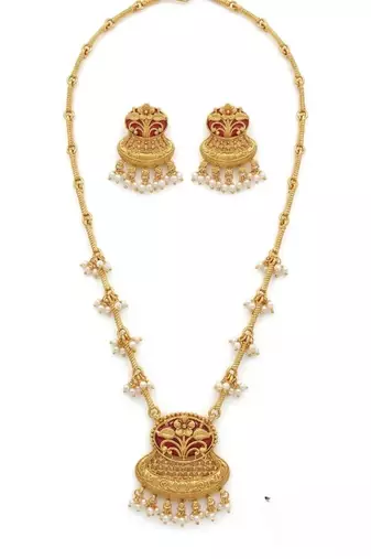 Exquisite gold-plated long Necklace :: set with pearl drops | traditional ethnic indian bridal jewelry