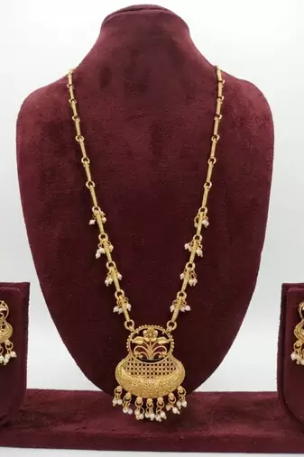 Exquisite gold-plated long Necklace :: set with pearl drops | traditional ethnic indian bridal jewelry