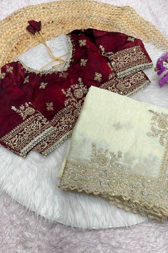 New Designer Embroidered Fendi Satin White Color Women's Saree With Blouse Set 