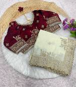 Embroidered Fendi Satin White Color Women's Saree With Blouse Set 