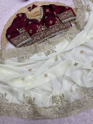 Embroidered Fendi Satin White Color Women's Saree With Blouse Set  4