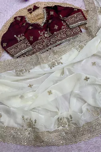 Embroidered Fendi Satin White Color Women's Saree With Blouse Set 