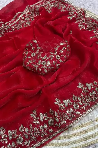 Red fendy chiffon two ton saree and blouse with sequence embroidery work