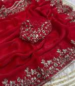Red fendy chiffon two ton saree and blouse with sequence embroidery work
