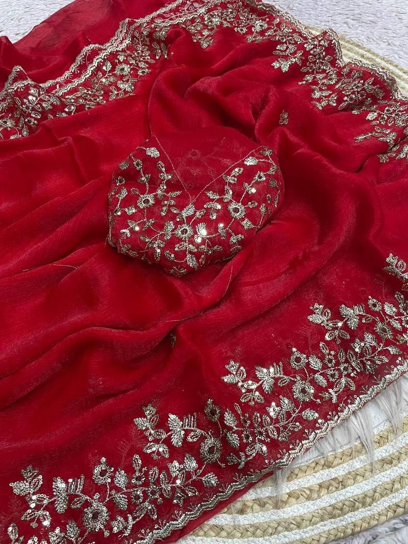 Red fendy chiffon two ton saree and blouse with sequence embroidery work