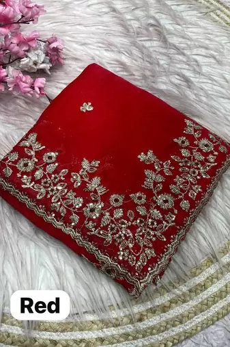 Red fendy chiffon two ton saree and blouse with sequence embroidery work