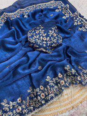 Teal blue fendy chiffon two ton saree and blouse with sequence embroidery work 1