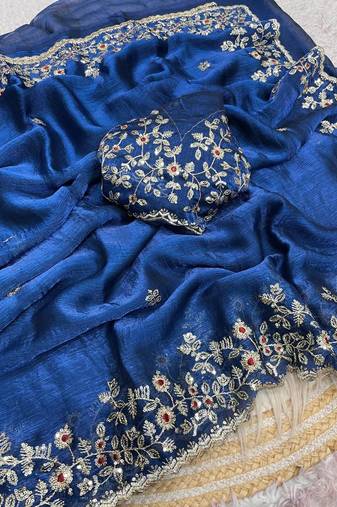 Teal blue fendy chiffon two ton saree and blouse with sequence embroidery work