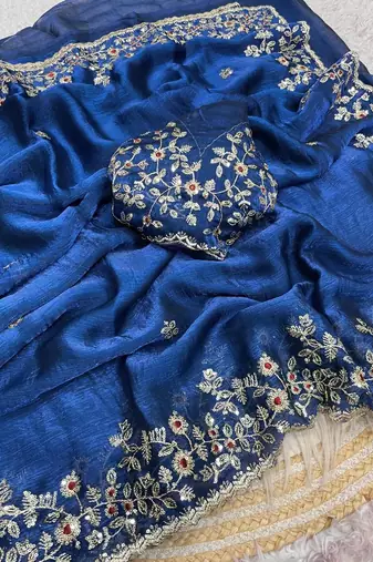 Teal blue fendy chiffon two ton saree and blouse with sequence embroidery work