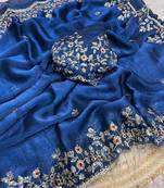 Teal blue fendy chiffon two ton saree and blouse with sequence embroidery work