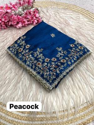 Teal blue fendy chiffon two ton saree and blouse with sequence embroidery work 2