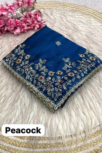 Teal blue fendy chiffon two ton saree and blouse with sequence embroidery work