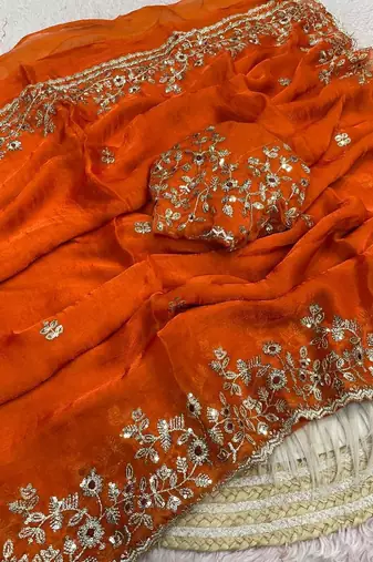 Orange fendy chiffon two ton saree and blouse with sequence embroidery work