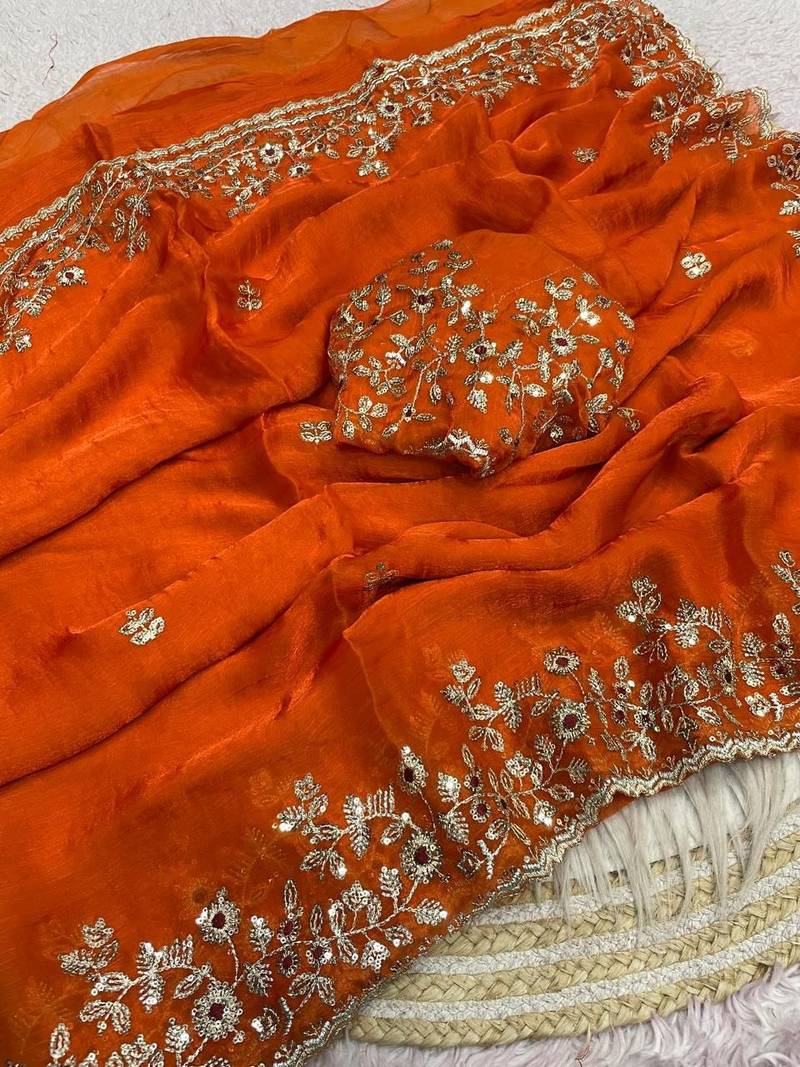 Orange fendy chiffon two ton saree and blouse with sequence embroidery work
