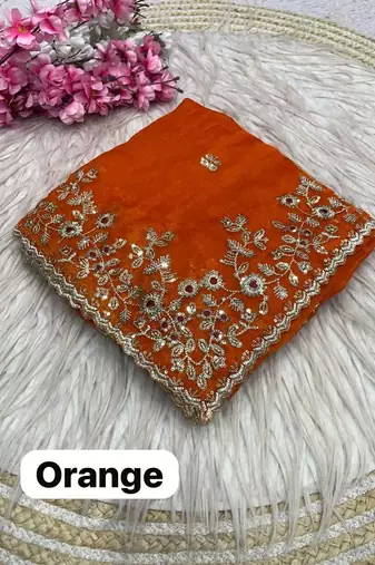 Orange fendy chiffon two ton saree and blouse with sequence embroidery work