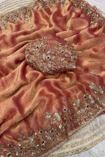 Peach fendy chiffon two ton saree and blouse with sequence embroidery work