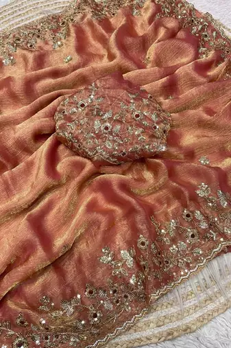 Peach fendy chiffon two ton saree and blouse with sequence embroidery work