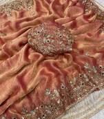 Peach fendy chiffon two ton saree and blouse with sequence embroidery work